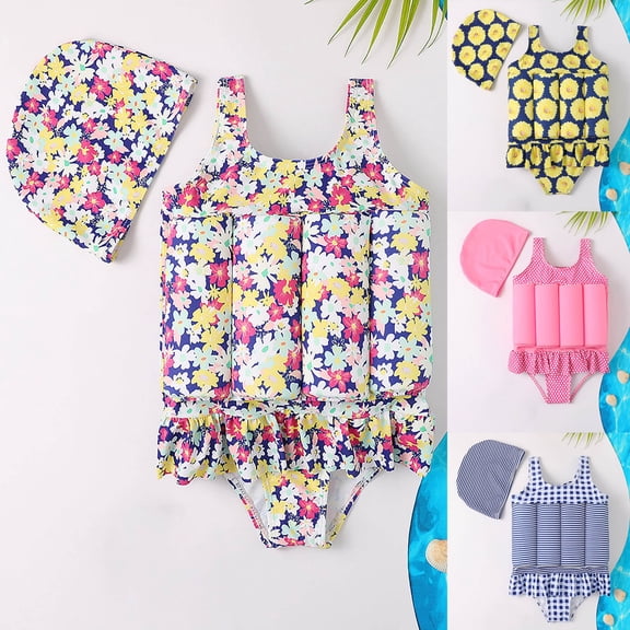 YYYTop Toddler Baby Girls Float Swimwear Pool Float Bathing Suit Ruffles with Folral Print Kids Print One - Piece Swimsuit +Caps Beach Rashes Guard ,2-5Y Kids Vests Floating Swimwear