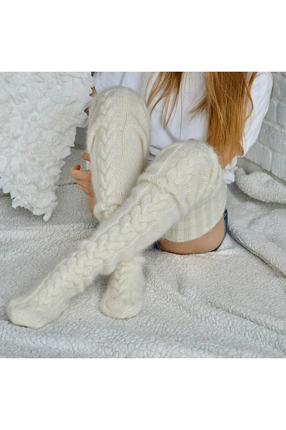 White Crew Socks, Quarter Socks Women Cable Knit Extra Long Boot Socks Over Knee Thigh Stocking Leg Warmers Slouchy Leg Warmers White Under $10