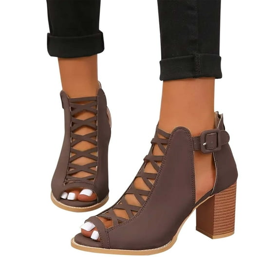 YYYTop White Sandals Woman, Wide Width Sandals for Women Women's Chunky Heeled Sandals Peep Toe Cut-Out Buckle Strap Stacked Heels Retro High Heels Dress Shoes for Women