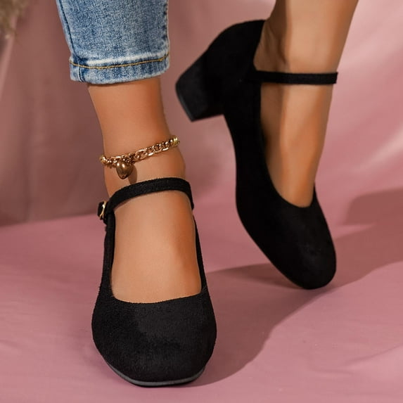 YYYTop Women Heels, Slip-On Heeled Loafers Spring Women's Large Size Suede Thick Heel Frosted Medium Heel Shallow Buckle Working Single Shoes Comfortable Sandals for Women