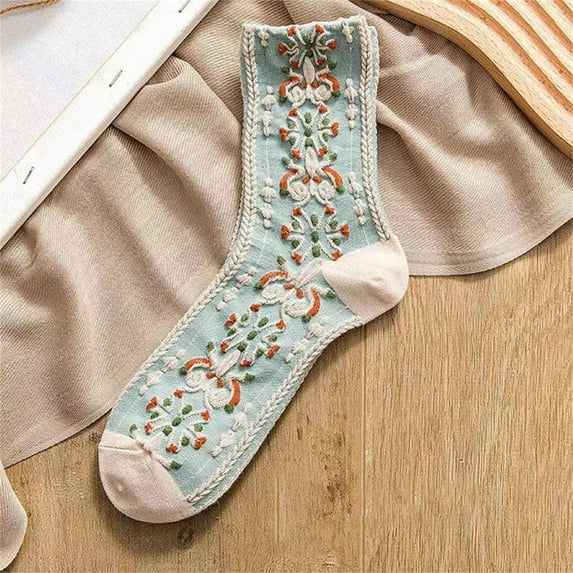 YYYTop Women Nordic Floral Cotton Socks Girls Vintage Ethnic Patterned Crew Socks for Women Novelty Casual Daily Dress Socks