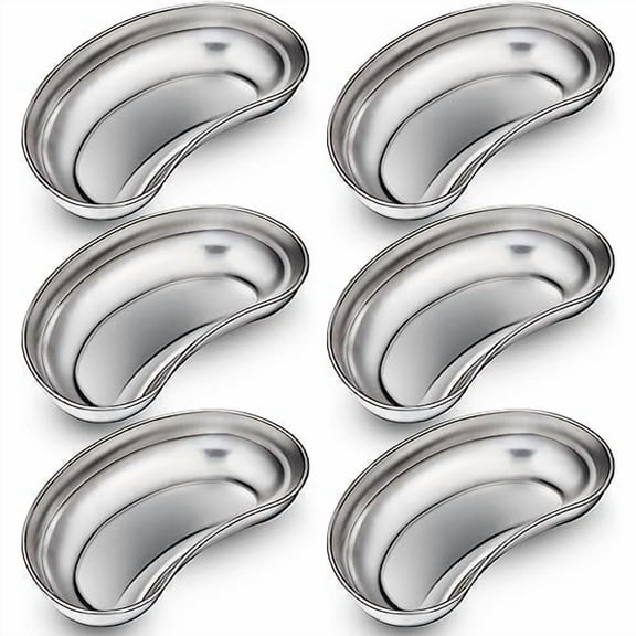 6 Pcs Stainless Steel Kidney Tray 8'' Medium Kidney Shaped Emesis Basin Surgical Medical Tray pan Bowls Reusable Metal Dish Dental Lab Instruments Bathroom Soiled Dressings Medic Waster