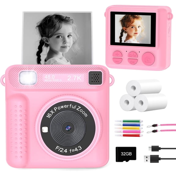 YYhl Instant Print Kids Camera 1080P Selfie Digital Camera, Christmas Birthday Gifts Portable Travel Toy for Boys & Girls Age 3-12 Pink