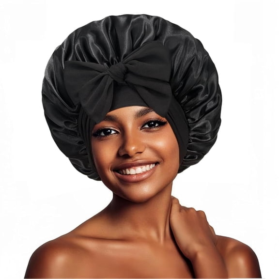 YYhl Satin Bonnet Silk Bonnet for Sleeping Women, Ajustable Hair Bonnet for Curly Hair With Tie Band 1Pack Black