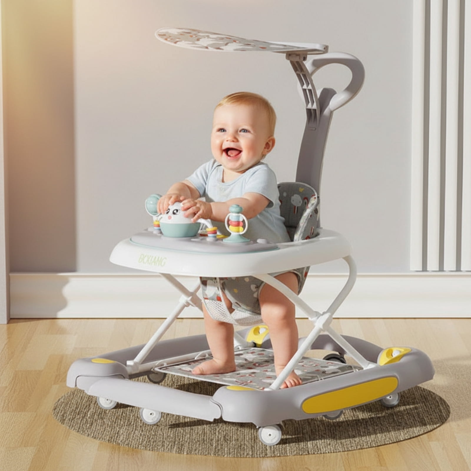 YYuan 4-in-1 Infant Walker with Music and Play Toys, Compact Folding Baby Walker with Wheels for Boys and Girls,Grey