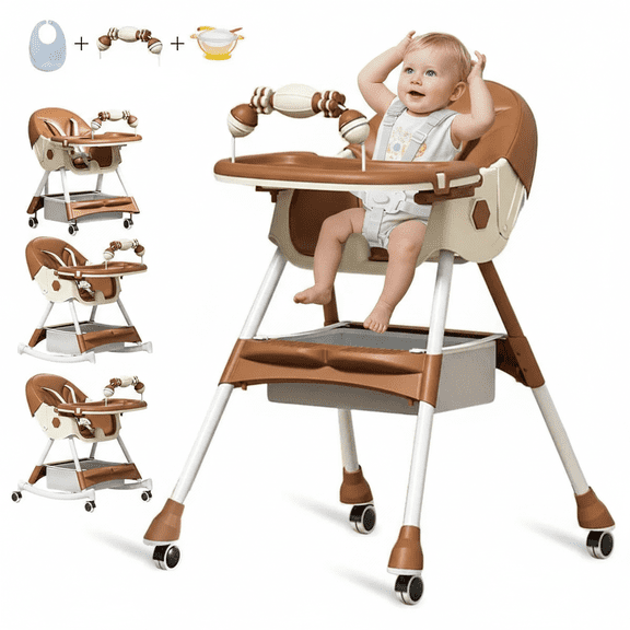 YYuan Baby High Chairs, 5-in-1 Foldable Convertible Highchair for Baby and Toddler with 5-Point Harness & Silent Wheels,Brown