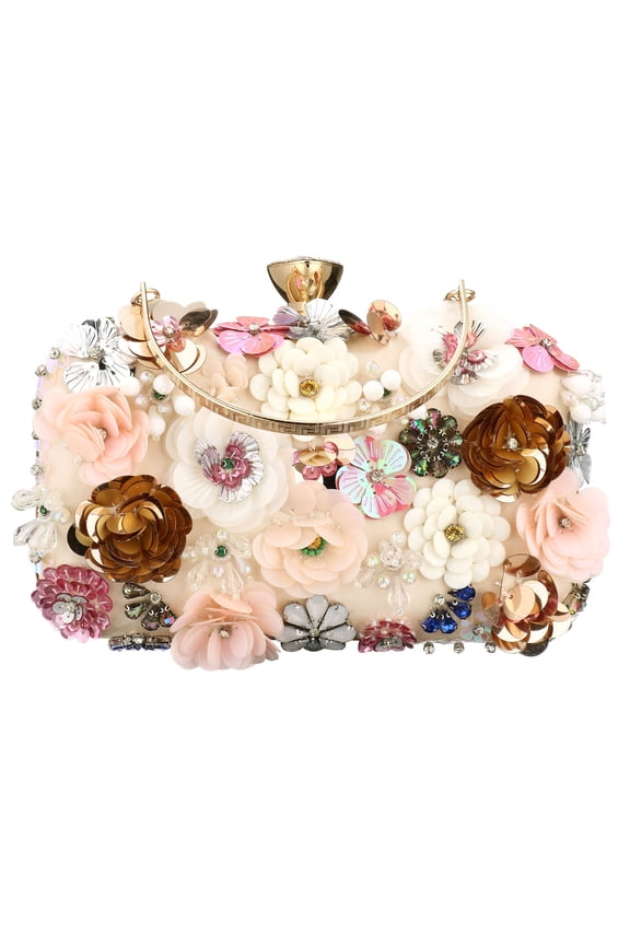 YYuan Flower Beaded Clutch Purses for Women Formal Evening Handbag Beige