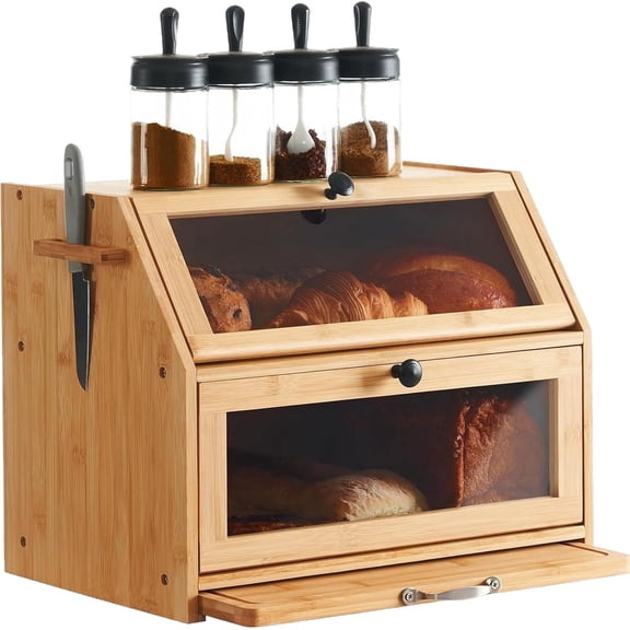 YYuan Wooden Bread Box for Kitchen Countertop Double Layer Bread Storage Container with Cutting Board & Knife Block