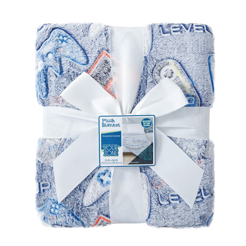 Your Zone Blue Gamer Plush Glow in the Dark Oversized Blanket, Twin/Full, 76" x 86", Kids