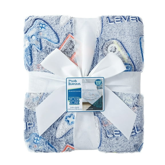 Your Zone Blue Gamer Plush Glow in the Dark Oversized Blanket, Twin/Full, 76" x 86", Kids