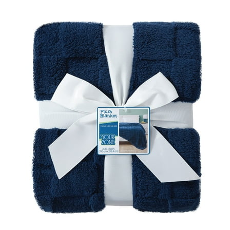 Your Zone Navy Embossed Checkerboard Oversized Blanket, Twin/Full, 76" x 86", Kids