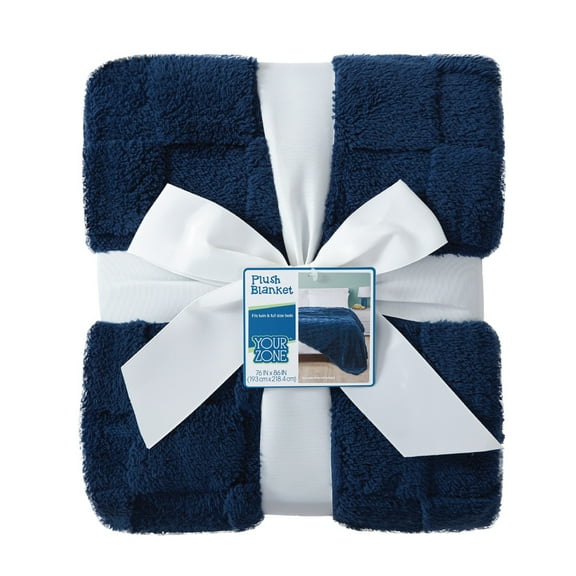 Your Zone Navy Embossed Checkerboard Oversized Blanket, Twin/Full, 76" x 86", Kids
