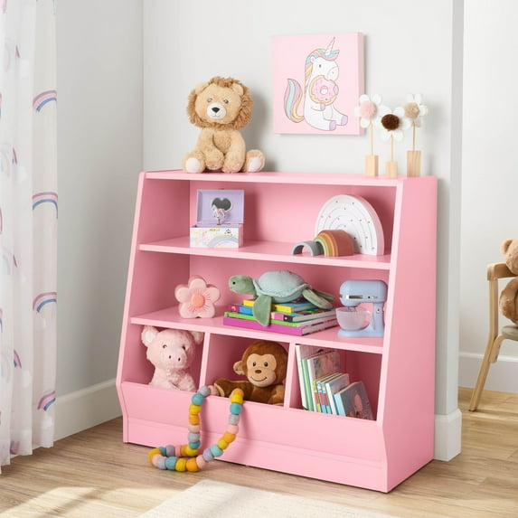 Your Zone Kids Bin Storage and Two Shelf Bookcase, Blush Rose