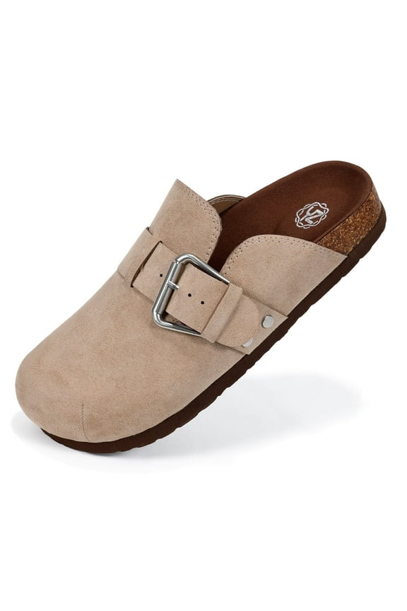 Women's Faux Suede Clogs Mules Adjustable Buckle Slip on Cork Footbed Home Clog Slippers with Arch Support