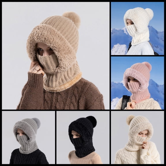 YZEGDCH Beige Womens Knit Beanie Winter Hat Fleece Lined Winter Scarf Mask Set Snow Caps Plush Earmuff Winter Hats with Pompom, Suitable for Fall Winter Cold Spring