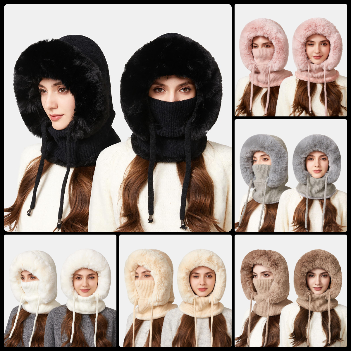 YZEGDCH Black Women One Piece Slouchy Fleece Thicken Beanie Winter Hats Scarf Mask Drawstring Warm Hooded Winter Balaclava Pullover Knitted Winter Hat, Birthday Valentines Gift for Women
