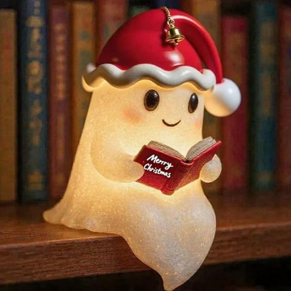 YZEGDCH Christmas Sale 2025 Christmas Cute Ghost Night Light 3D Resin Ghost Reading Booke Lamp with Christmas Hat Gifts for Kids Girls Boys Women, Halloween Christmas Decorations