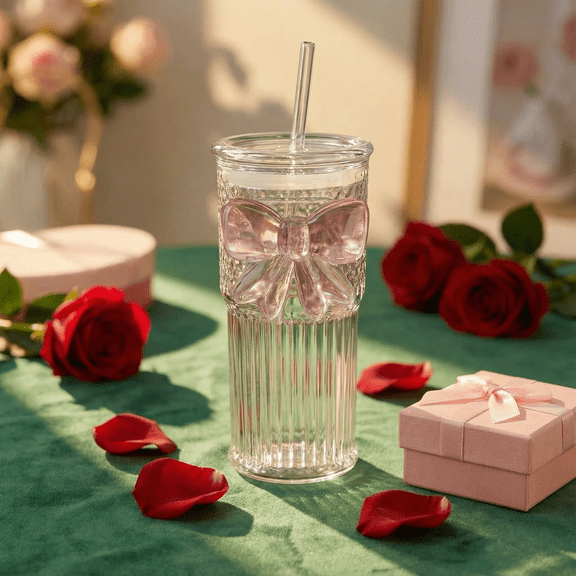 Clearance! Mothers Day Pink Large Romantic Bow Glass Cups 20oz Coquette Champagne Glasses Clear Reinforced Stems with Straw for Wedding Engagements Party, Mothers Day Gifts for Mom Wife Grandma Women