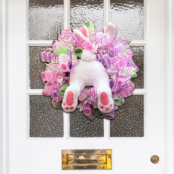 YZEGDCH Easter Bunny Wreath with Flower Artificial Easter Wreath Mixed Flowers Green Leaves Hanging Bunny Shaped with Straw Hat and Bow for Front Door Wall(Bunny Tail), Easter Gift for Frineds Family