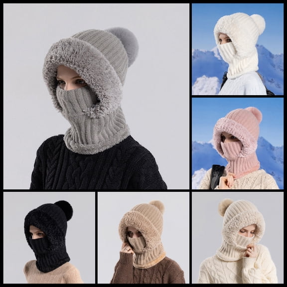 YZEGDCH Gray Womens Knit Beanie Winter Hat Fleece Lined Winter Scarf Mask Set Snow Caps Plush Earmuff Winter Hats with Pompom, Suitable for Fall Winter Cold Spring