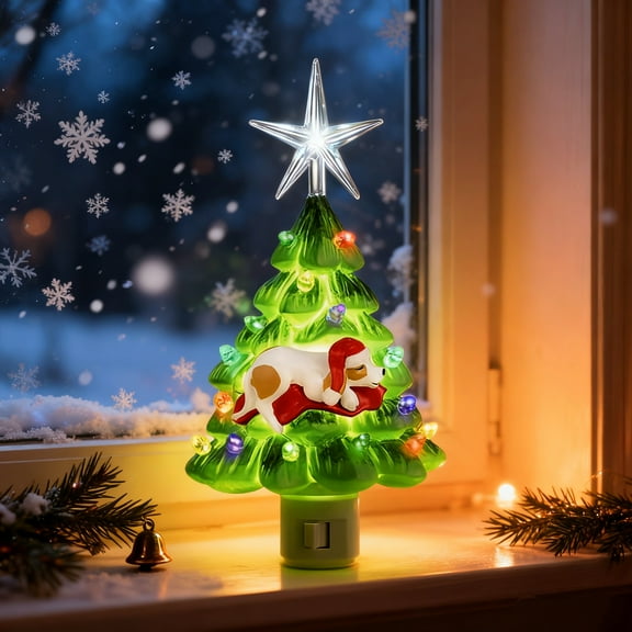 Christmas Tree Night Light, Plugin Green Christmas Tree Lights with Cute Dog, Vintage Hand Painted Hallway Nightlight with Multicolored Mini Home Decor, Gifts for Kids Women Men!