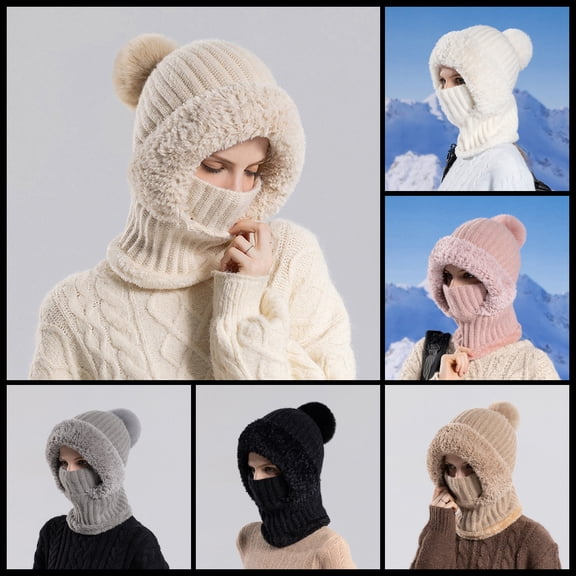 YZEGDCH Khai Womens Knit Beanie Winter Hat Fleece Lined Winter Scarf Mask Set Snow Caps Plush Earmuff Winter Hats with Pompom, Suitable for Fall Winter Cold Spring