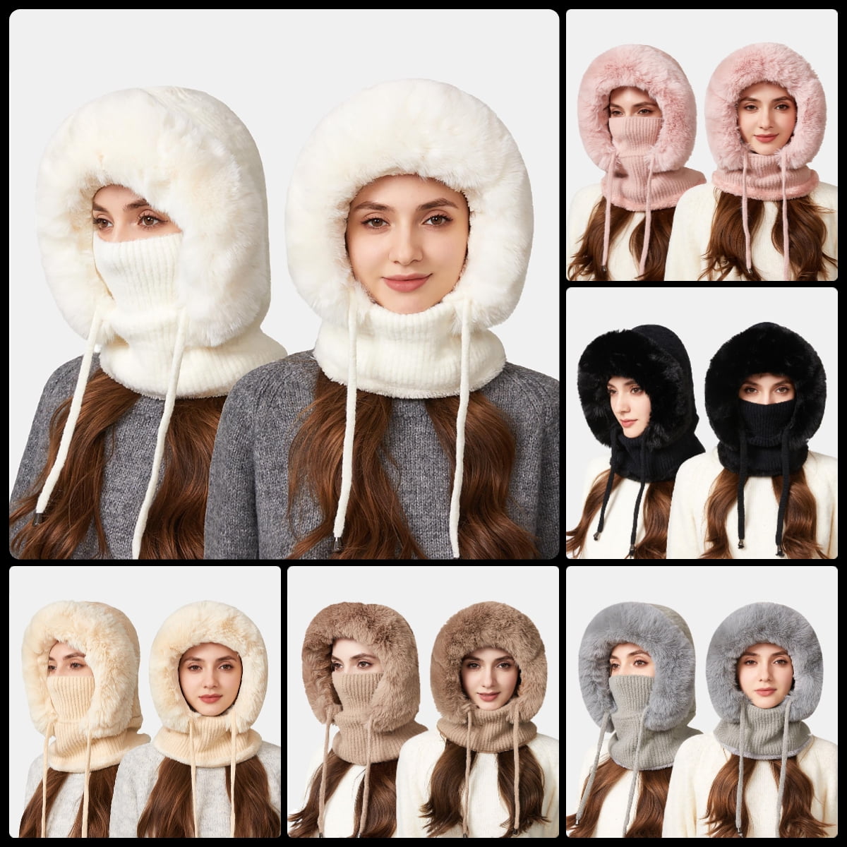 YZEGDCH White Women One Piece Slouchy Fleece Thicken Beanie Winter Hats Scarf Mask Drawstring Warm Hooded Winter Balaclava Pullover Knitted Winter Hat, Birthday Valentines Gift for Women
