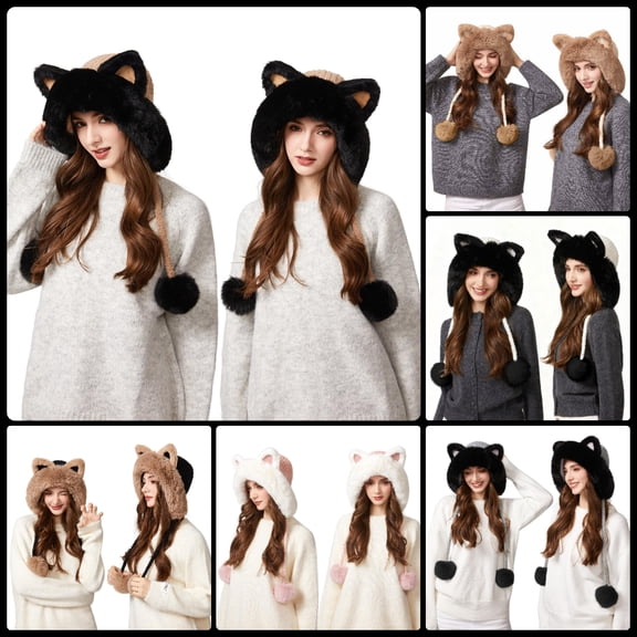 YZEGDCH Winter Black Beige Cute Cat Ears Knit Winter Hat Ear Flap Crochet Beanie Winter Hat, Suitable for Fall Winter Cold Spring, Valentines Birthday Gift for Women Teen Female