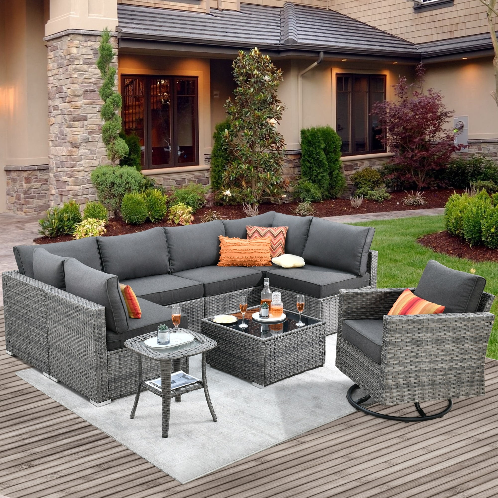YZGRSHOP200-9B XIZZI 9-Piece Patio Outdoor Furniture Wicker Sectional Sofa Set Black