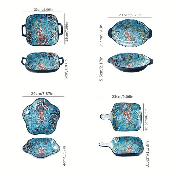 YZHENDEC 4pcs, Bohemian Ceramic Bakeware Set, Rectangular Cooking Dishes, Casserole Pans, And Serving Bowls, Classic Design, Decorative Oven & Tableware for Pasta, Casseroles, Baked Dishes