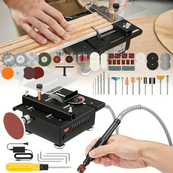 YZHENDEC Mini Portable Table Saw - 7-Speed Adjustable, All-in-One (Cutting/Sanding/Carving/Drilling) | Precision Cuts Metal/Wood/Plastic/Acrylic | Best Gift for Father's Day & Christmas