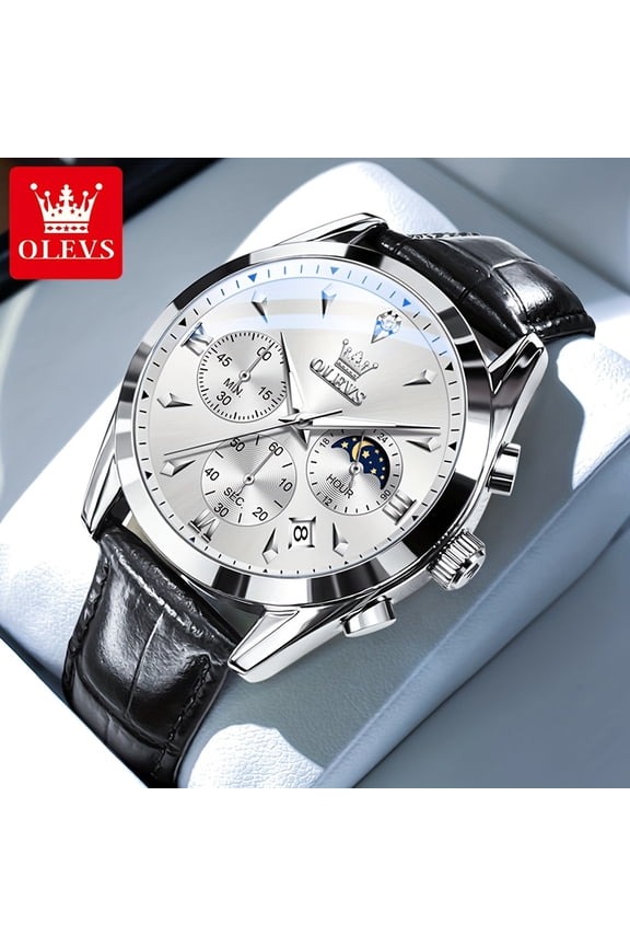 YZHENDEC Watches For Men Business Dress Analog Quartz Chronograph Faux Leather Waterproof Moon Phase Luminous Date Luxury Mens Wrist Watches Reloj Para Hombre