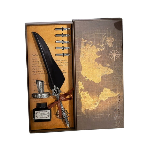 YZHMYR 11.2In Antique Glitter Feather Calligraphy Pen Set 5 Replacement Nibs 15ml Ink Gift Box Retro Decor Office Writing Back to School Supplies Student Art Craft Essentials Accessory