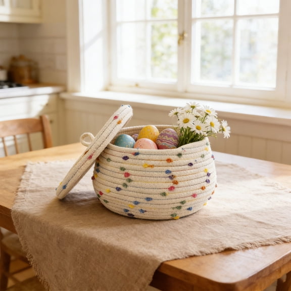 YZHMYR Easter Cotton Rope Storage Basket 9.8In With Lid Dust-Proof Desktop Organizer Back to School Supplies Office Home Desk Keys Cosmetics Small Items Decorative Storage Essentials Accessory