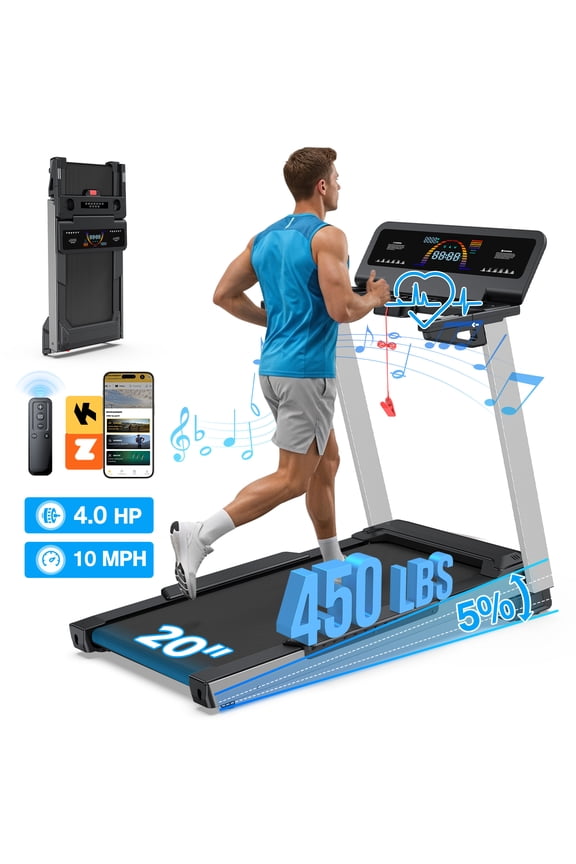 4 HP Incline Treadmill for Home, 450 lbs Capacity, Portable Folding Treadmill with 20"x 45"Running Area, Bluetooth Speaker10 MPH