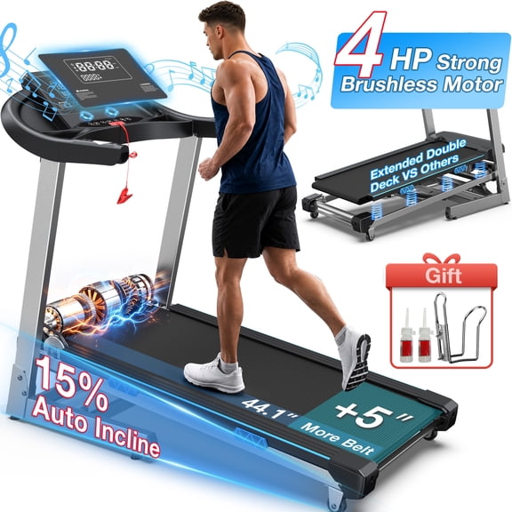 YZRUN 4.0HP Folding Treadmill with 15% Auto Incline, 400LBS Heavy Duty Capacity, Extra Wide Running Deck, Space Saving Foldable Home Treadmill with Bluetooth Speaker