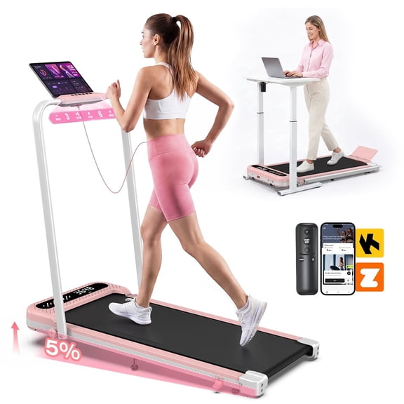 YZRUN Treadmill 2 in 1 for Home/Office, Pink Walking Pad Treadmill with 5% Incline and Handle Bar,Under Desk Treadmill with Mat,320 lbs Capacity,App Voice Control