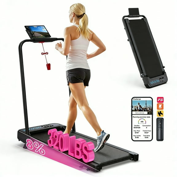 YZRUN Treadmill with Handle Bar, Under Desk Walking Pad with 8% Incline, Foldable Treadmills for Home, 320 LBS Capacity