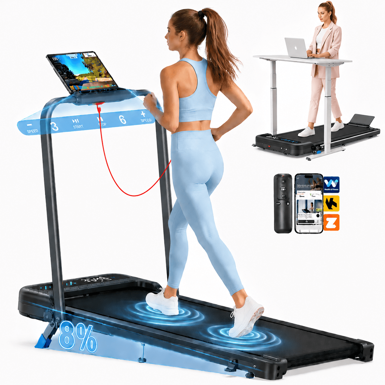 YZRUN Treadmill with Handle Bar, Under Desk Walking Pad with 8% Incline, Foldable Treadmills for Home, 350 LBS Capacity