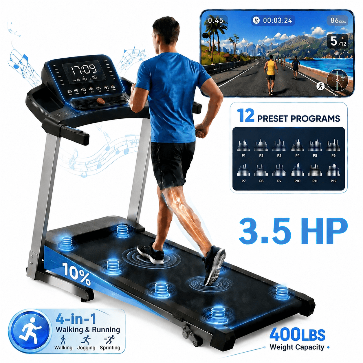 YZRUN Treadmill with Incline and Handle, Foldable Treadmill, Portable Walking Pad for Home, 350 LBS Capacity
