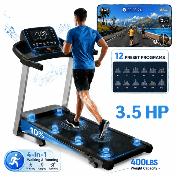 YZRUN Treadmill with Incline and Handle, Foldable Treadmill, Portable Walking Pad for Home, 350 LBS Capacity