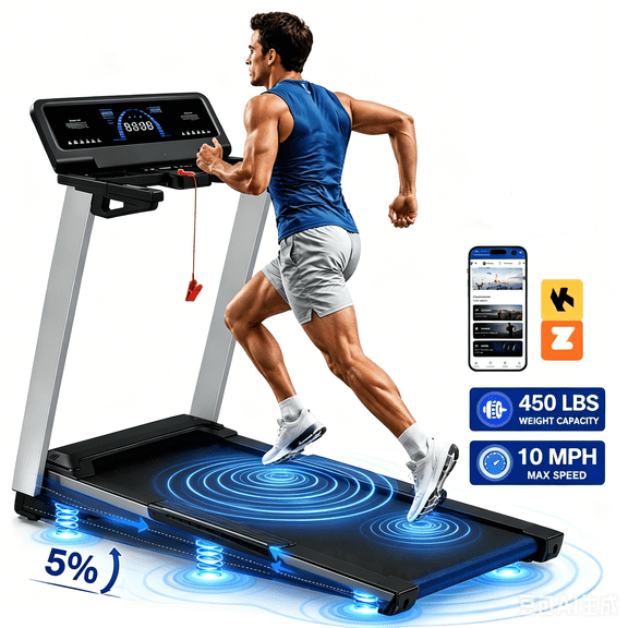 YZRUN Treadmills for Home with Incline, 4 HP Foldable Treadmill with Extra-large 20"x 45" Running Area, 450LBS Capacity, 10 MPH Speed, Bluetooth App and Speaker