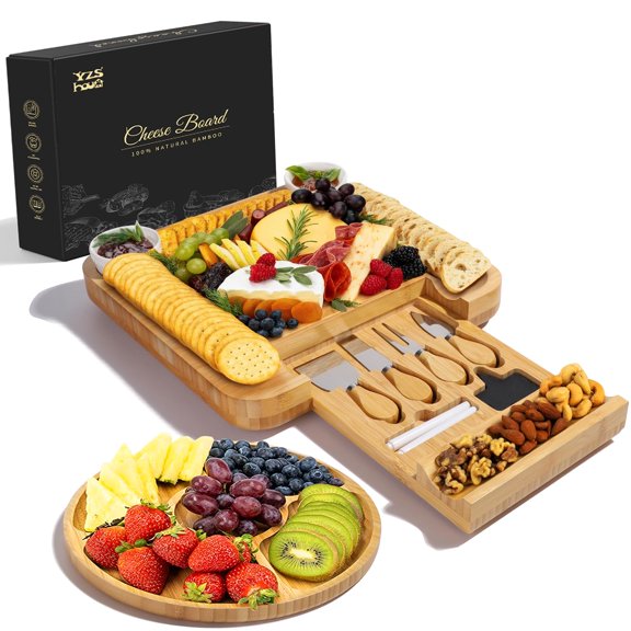 YZS Bamboo Charcuterie Boards Set -Unique Cheese Board with Accessories - Perfect for Housewarming, Weddings, Bridal Showers, Birthday Gifts, Mother's Day Gift, Parties, Eco-Friendly & Elegant Design