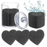 YZWEI Exfoliating Facial Sponge, Facial Sponges for Cleansing and Exfoliating, Disposable Facial Sponges, 50 Heart-Shaped Compressed Eco-friendly Pulp Cotton Pads for Makeup Removal, Black, 2.3 Inch