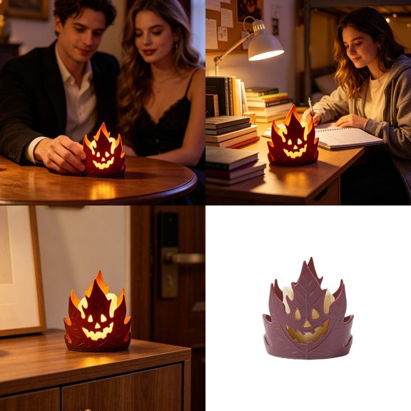 YZZZJZQL Halloween Candles Maple Leaf Flameless Led Hollow Face Tabletop Ornament Battery Operated Indoor Ambient Light
