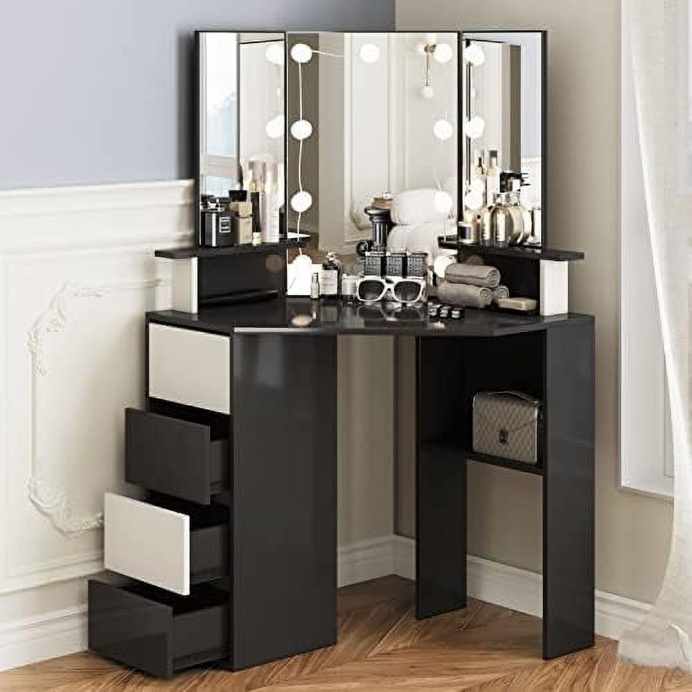 YZboomLife Corner Makeup Vanity Table with Lighted Mirror Black Vanity