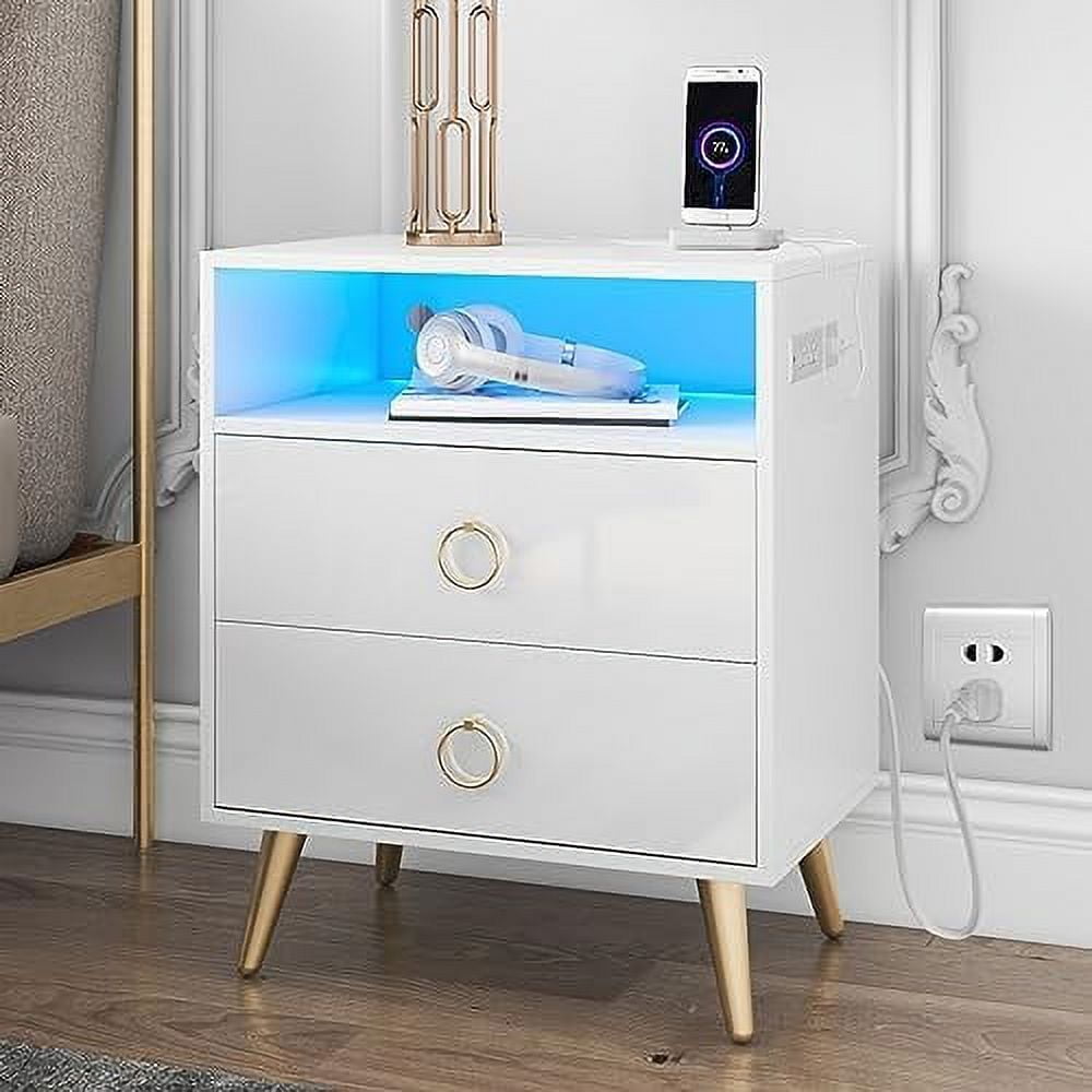 YZboomLife Set of 2 LED Nightstands with Charging Station Black Bedside