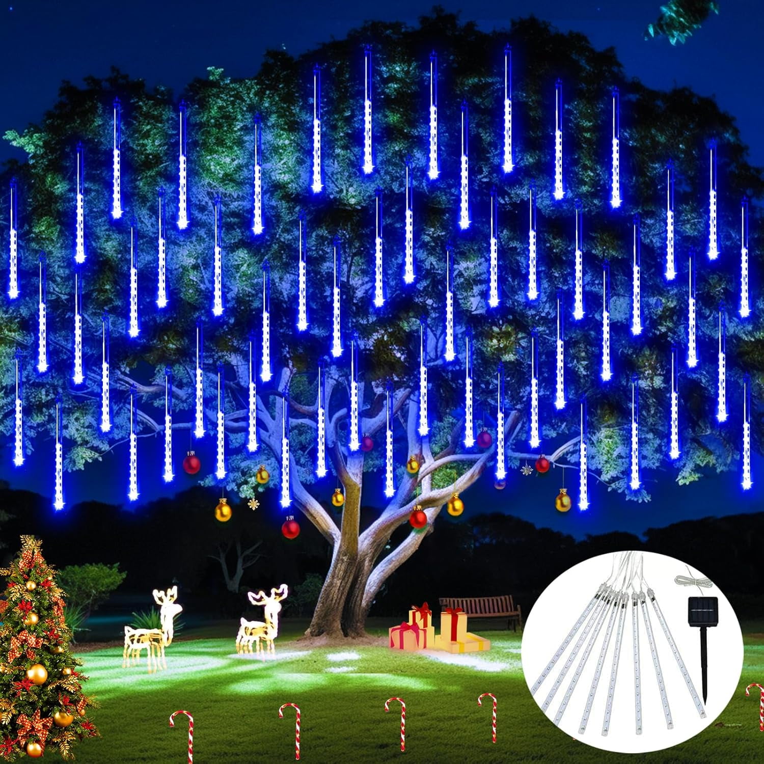 Blue Solar LED Meteor Shower Christmas Tree Lights