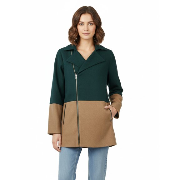 Ya Color Block Coat with Gold Asymmetrical Zipper