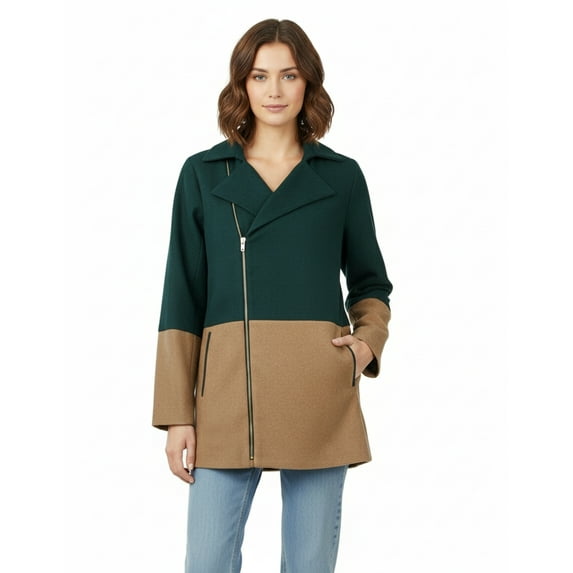 Ya Color Block Coat with Gold Asymmetrical Zipper